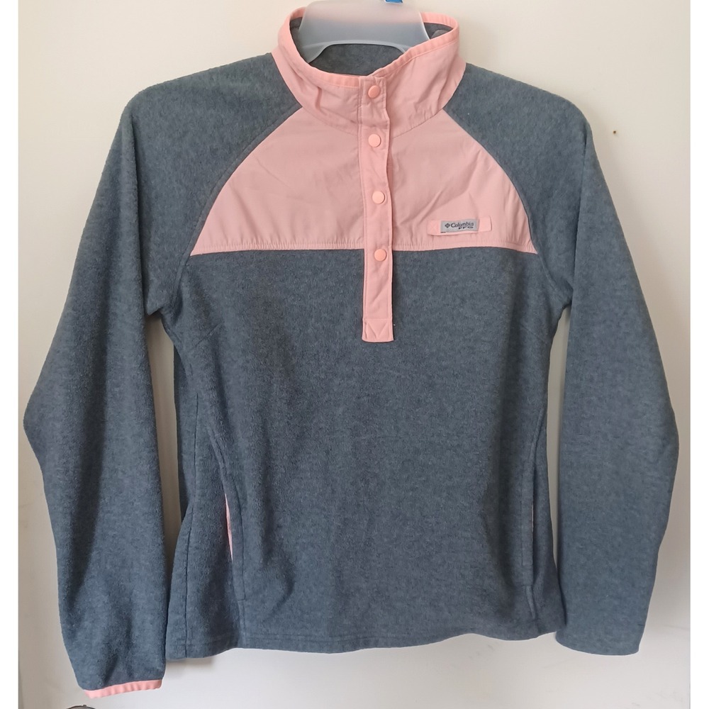 Columbia PFG Fleece Pullover Women Medium Gray Pink Snap Mock Neck XL0379